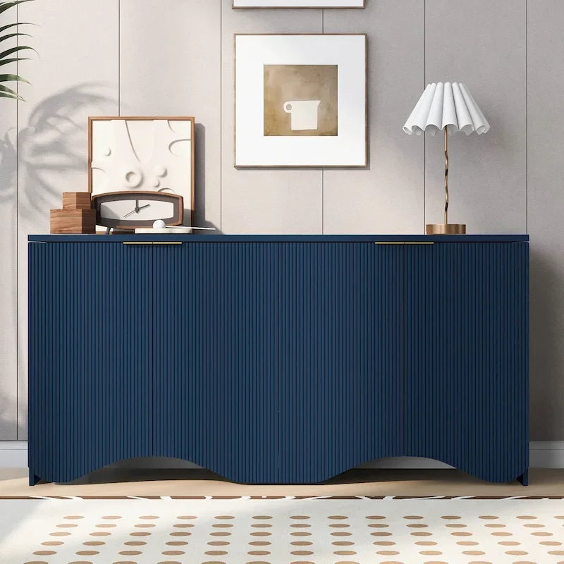 Bahut à quatre portes avec base ondulée, bleu marine / blanc / noir