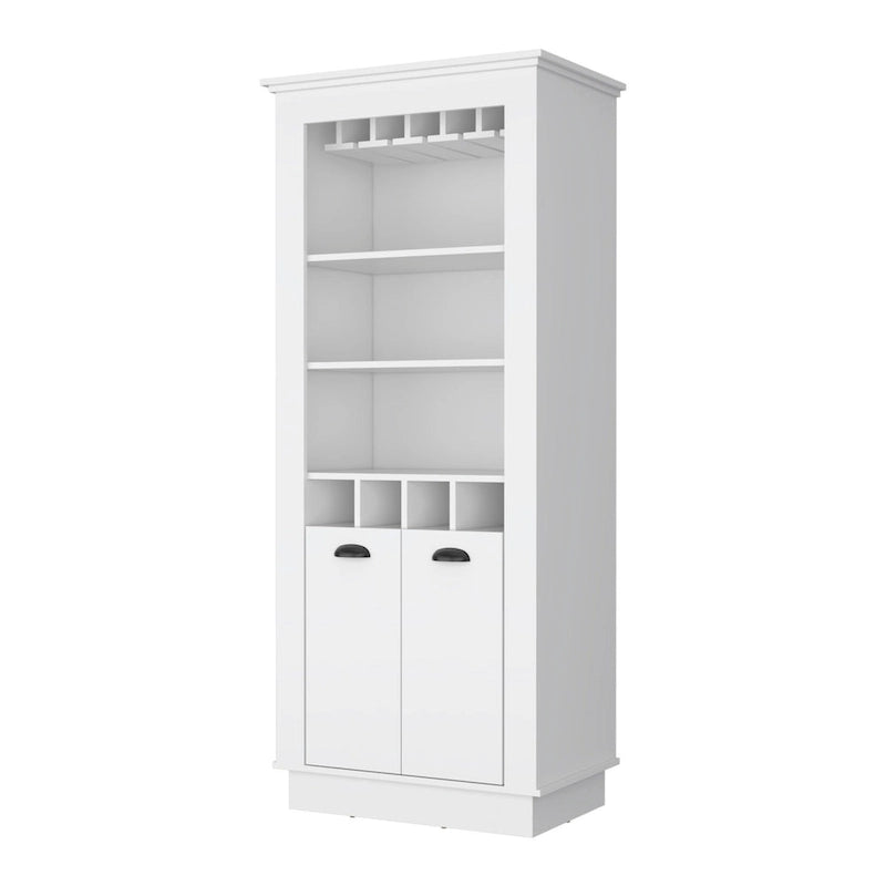 Meuble bar haut blanc avec porte-verres à vin et étagères ouvertes