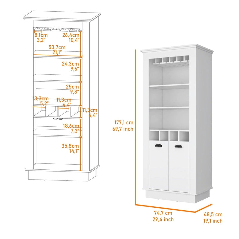 Meuble bar haut blanc avec porte-verres à vin et étagères ouvertes