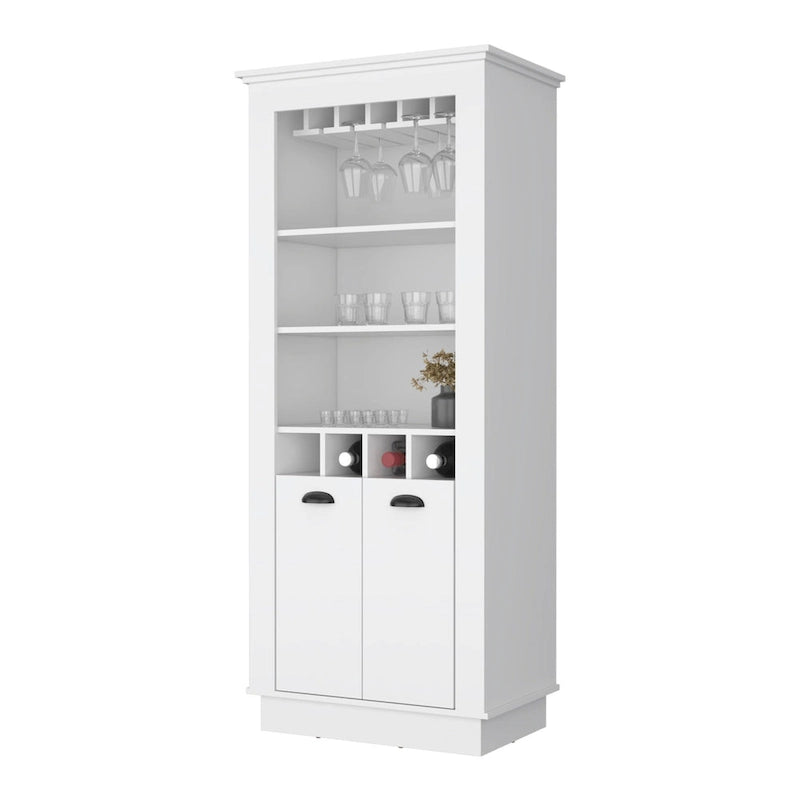 Meuble bar haut blanc avec porte-verres à vin et étagères ouvertes