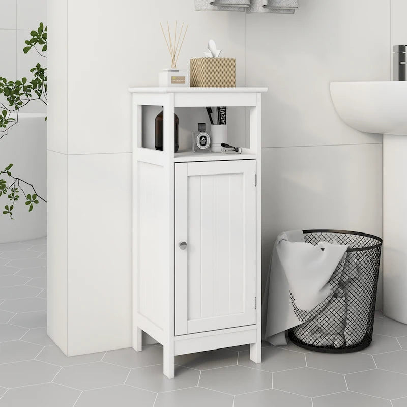 Meuble de rangement blanc à porte unique avec étagère ouverte et intérieur réglable