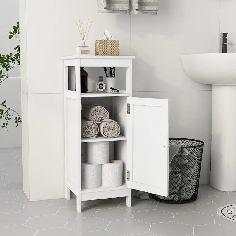 Meuble de rangement blanc à porte unique avec étagère ouverte et intérieur réglable