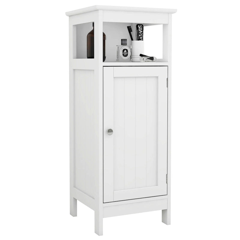 Meuble de rangement blanc à porte unique avec étagère ouverte et intérieur réglable
