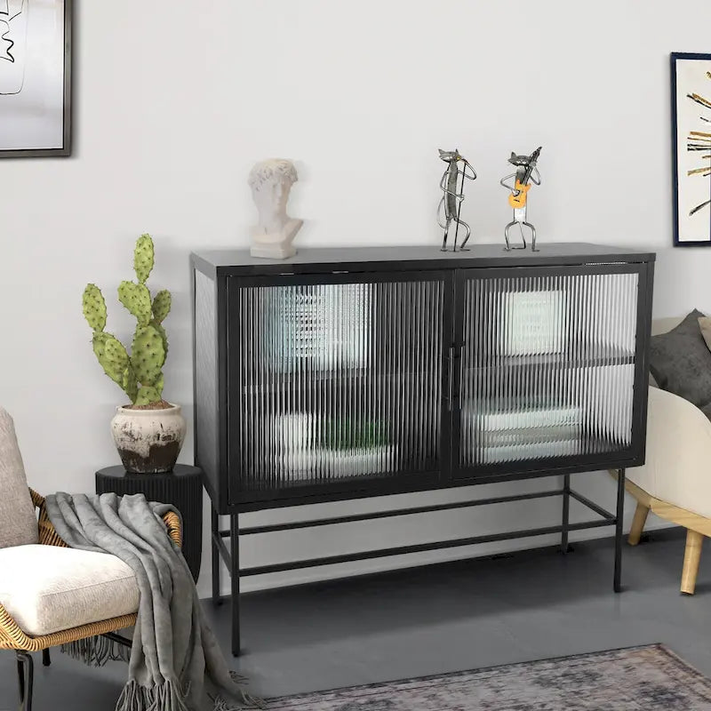 Buffet en acier avec verre trempé noir, étagère réglable et dispositif anti-basculement