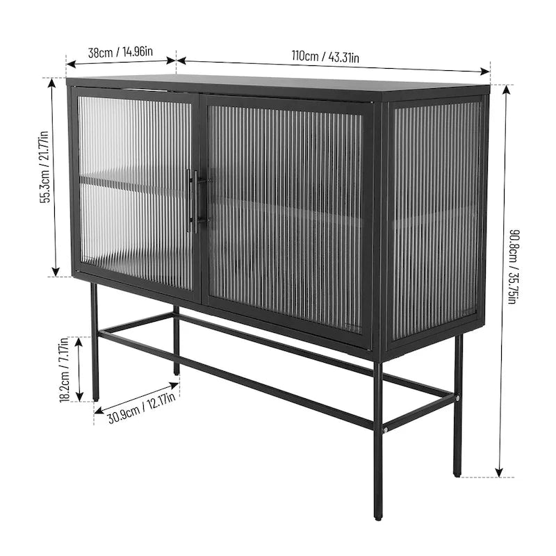 Buffet en acier avec verre trempé noir, étagère réglable et dispositif anti-basculement