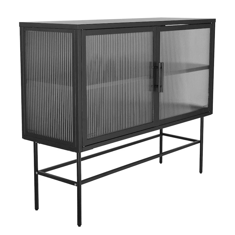 Buffet en acier avec verre trempé noir, étagère réglable et dispositif anti-basculement
