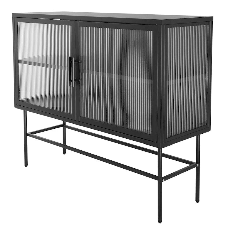 Buffet en acier avec verre trempé noir, étagère réglable et dispositif anti-basculement