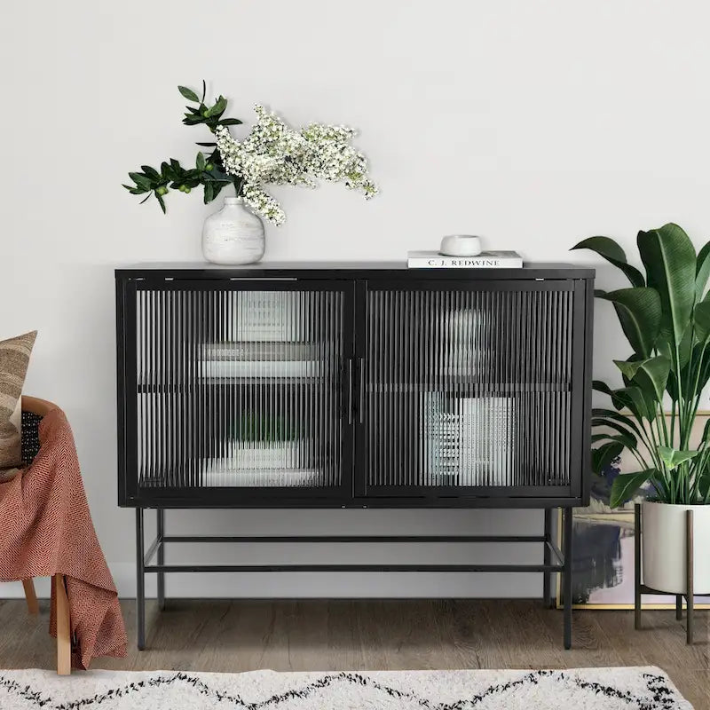 Buffet en acier avec verre trempé noir, étagère réglable et dispositif anti-basculement