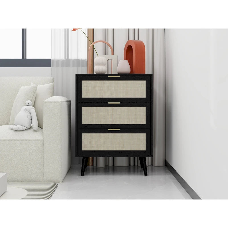 Commode à 3 tiroirs en rotin avec pieds en pin et cadre noir