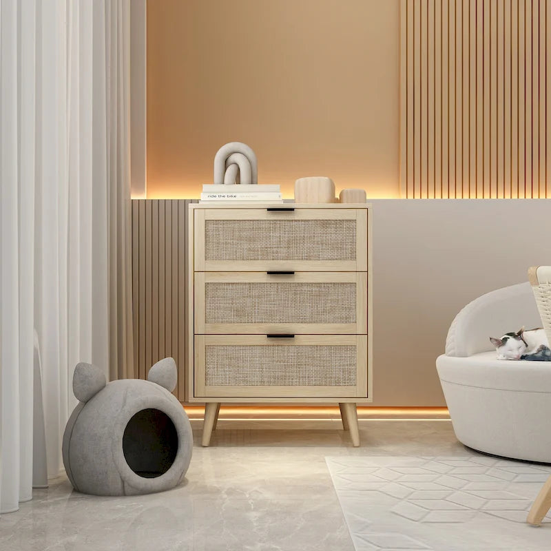 Commode à 3 tiroirs en rotin avec pieds en pin et cadre noir
