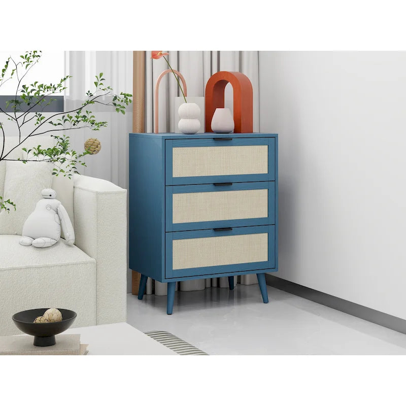 Commode à 3 tiroirs en rotin avec pieds en pin et cadre noir