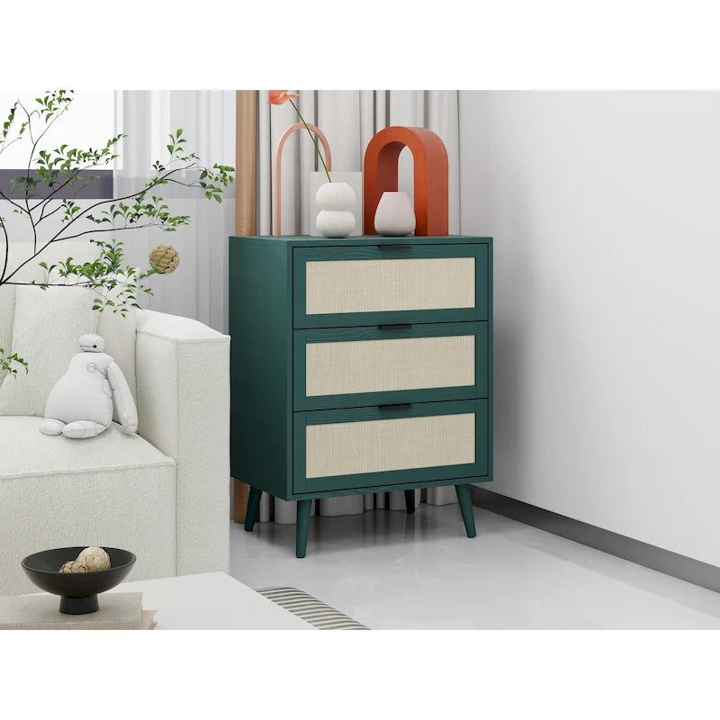 Commode à 3 tiroirs en rotin avec pieds en pin et cadre noir