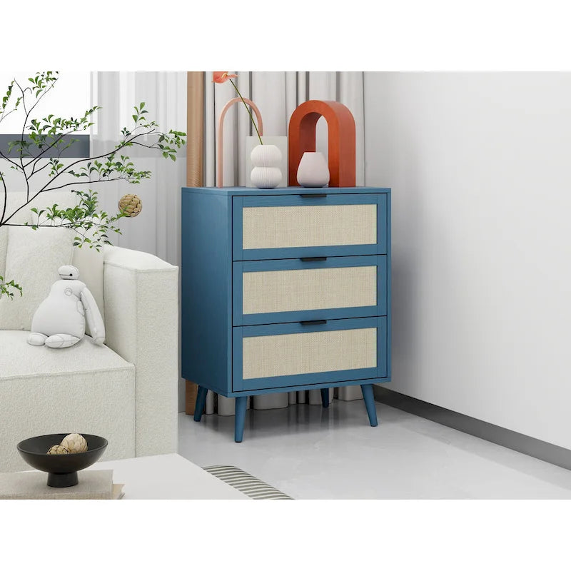 Commode à 3 tiroirs en rotin avec pieds en pin et cadre noir