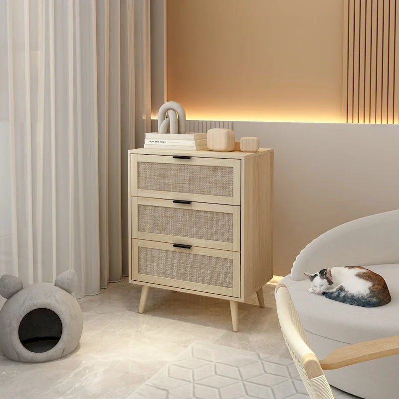 Commode à 3 tiroirs en rotin avec pieds en pin et cadre noir