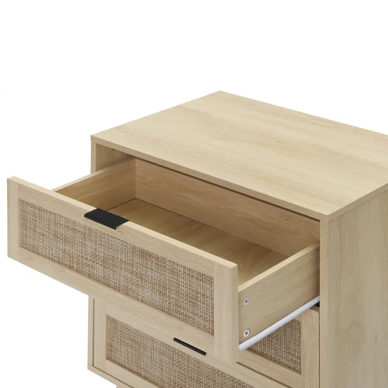 Commode à 3 tiroirs en rotin avec pieds en pin et cadre noir