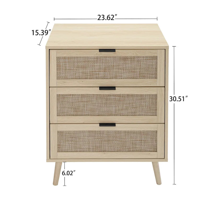 Commode à 3 tiroirs en rotin avec pieds en pin et cadre noir