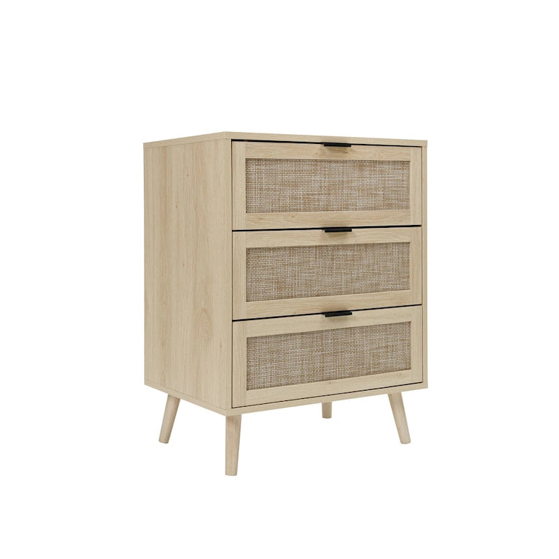 Commode à 3 tiroirs en rotin avec pieds en pin et cadre noir