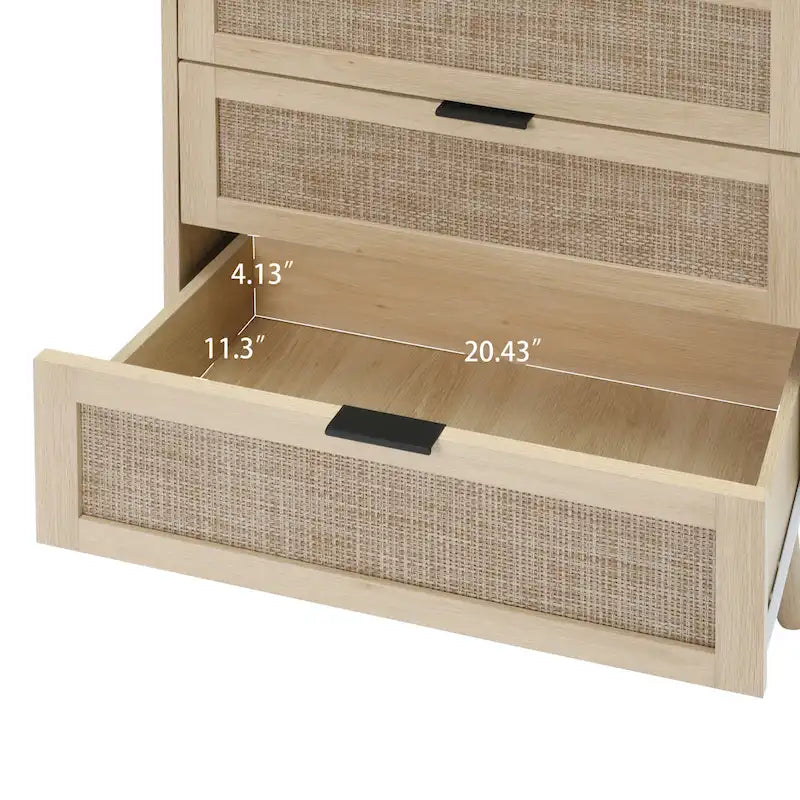 Commode à 3 tiroirs en rotin avec pieds en pin et cadre noir