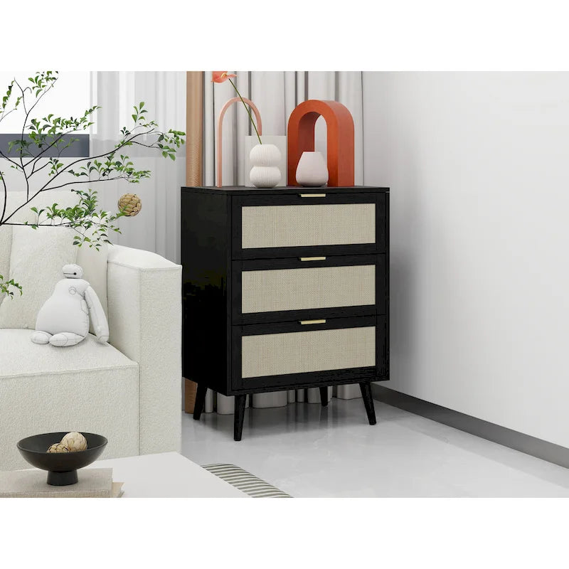 Commode à 3 tiroirs en rotin avec pieds en pin et cadre noir