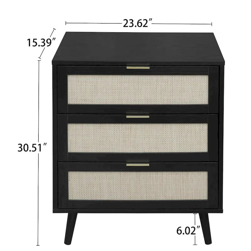 Commode à 3 tiroirs en rotin avec pieds en pin et cadre noir