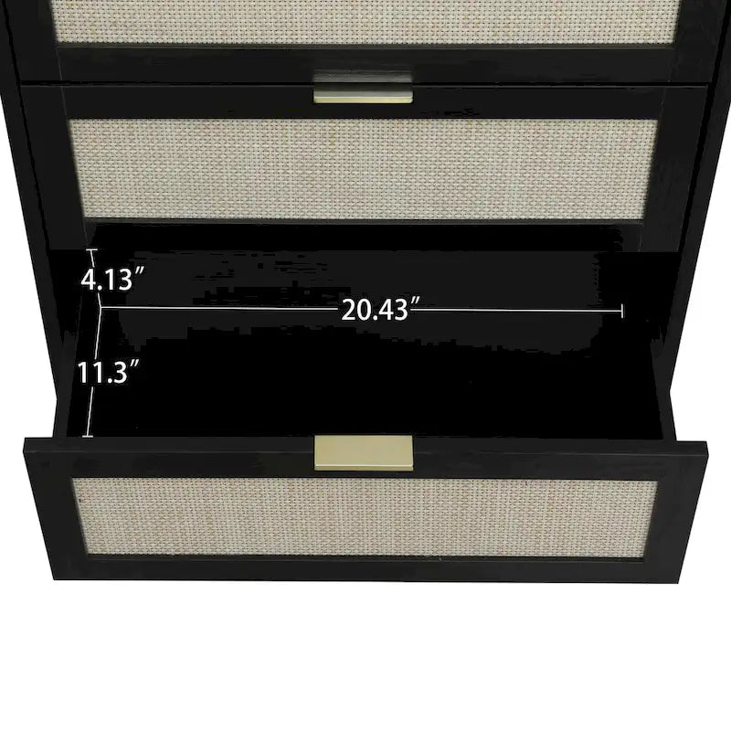 Commode à 3 tiroirs en rotin avec pieds en pin et cadre noir