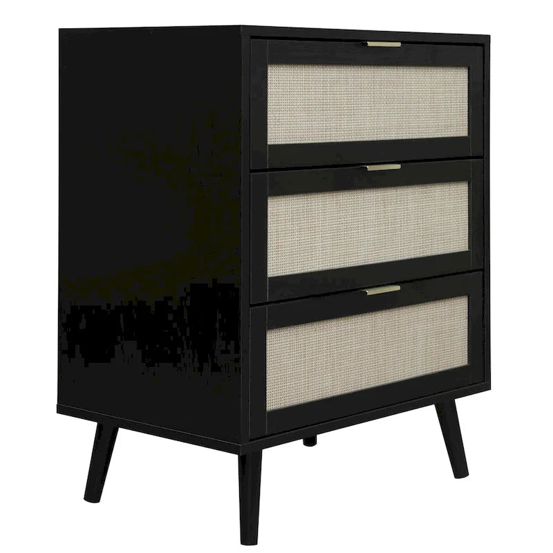 Commode à 3 tiroirs en rotin avec pieds en pin et cadre noir