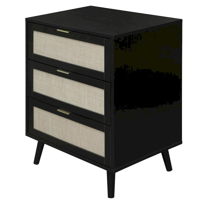 Commode à 3 tiroirs en rotin avec pieds en pin et cadre noir