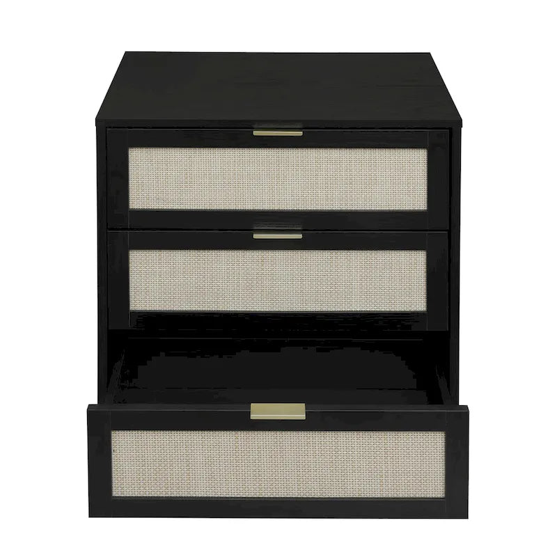 Commode à 3 tiroirs en rotin avec pieds en pin et cadre noir