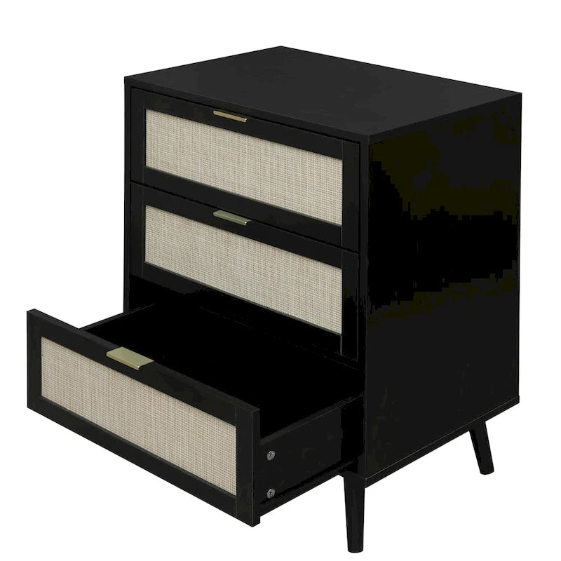 Commode à 3 tiroirs en rotin avec pieds en pin et cadre noir