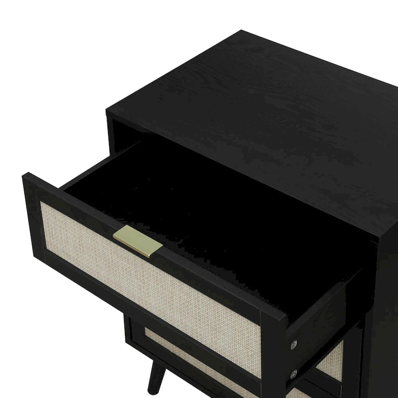 Commode à 3 tiroirs en rotin avec pieds en pin et cadre noir