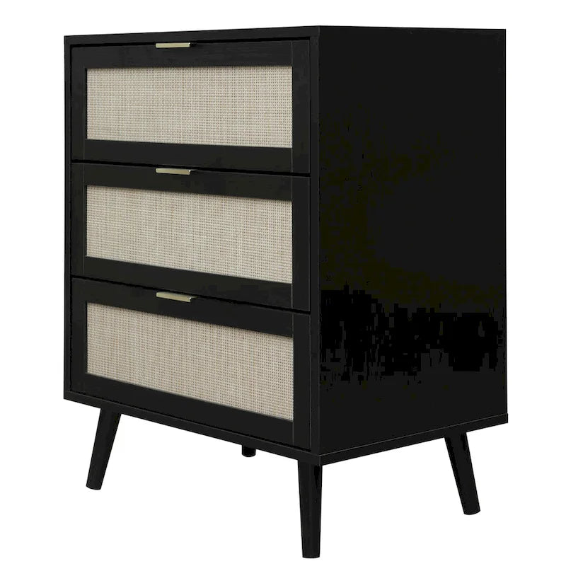 Commode à 3 tiroirs en rotin avec pieds en pin et cadre noir
