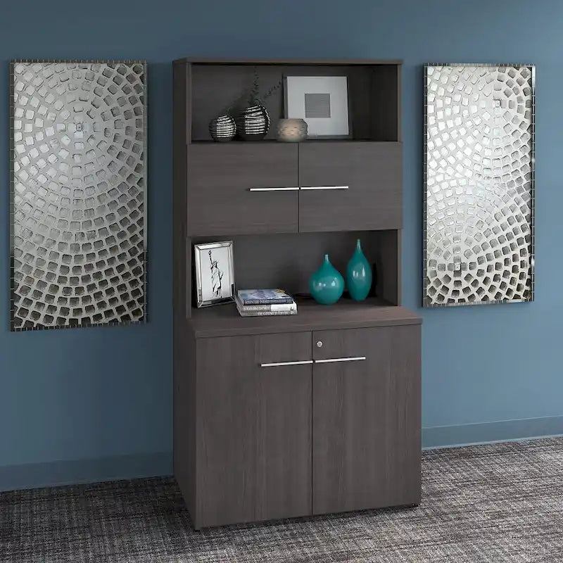 Meuble de rangement haut 36 W avec portes et étagères ouvertes Gris orage