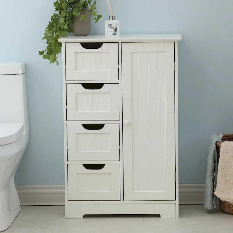 Meuble de salle de bain blanc avec 4 tiroirs et une porte