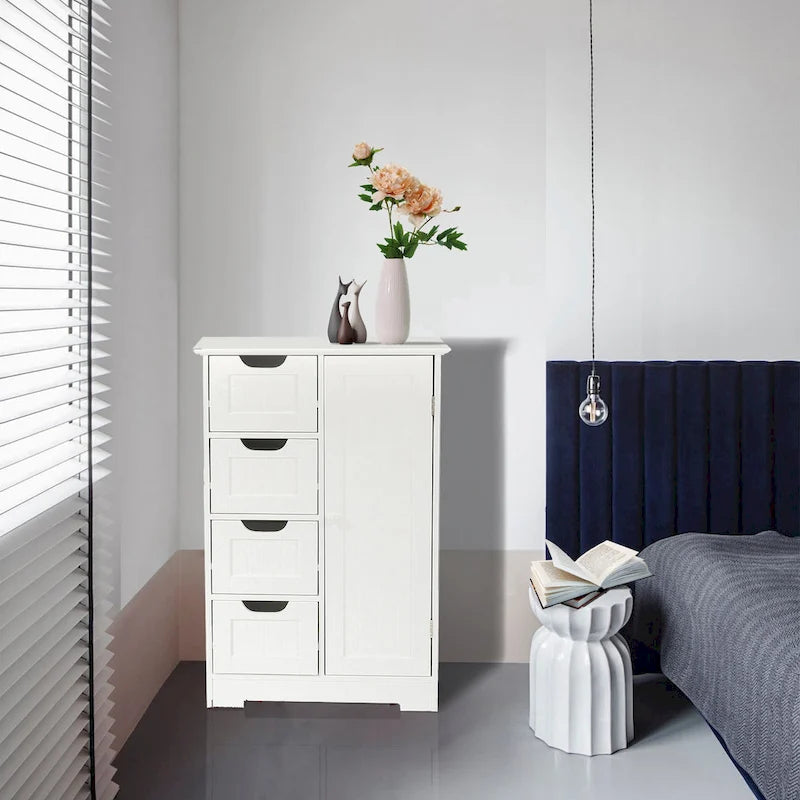 Meuble de salle de bain blanc avec 4 tiroirs et une porte