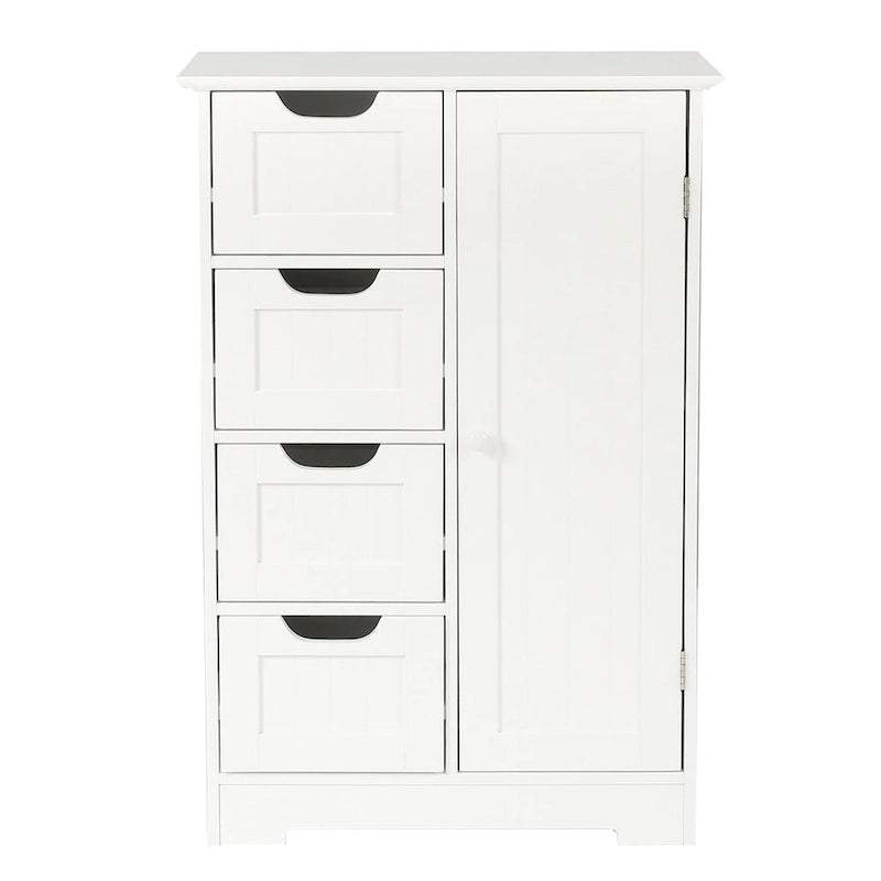 Meuble de salle de bain blanc avec 4 tiroirs et une porte