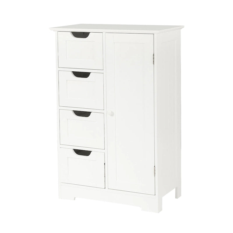 Meuble de salle de bain blanc avec 4 tiroirs et une porte