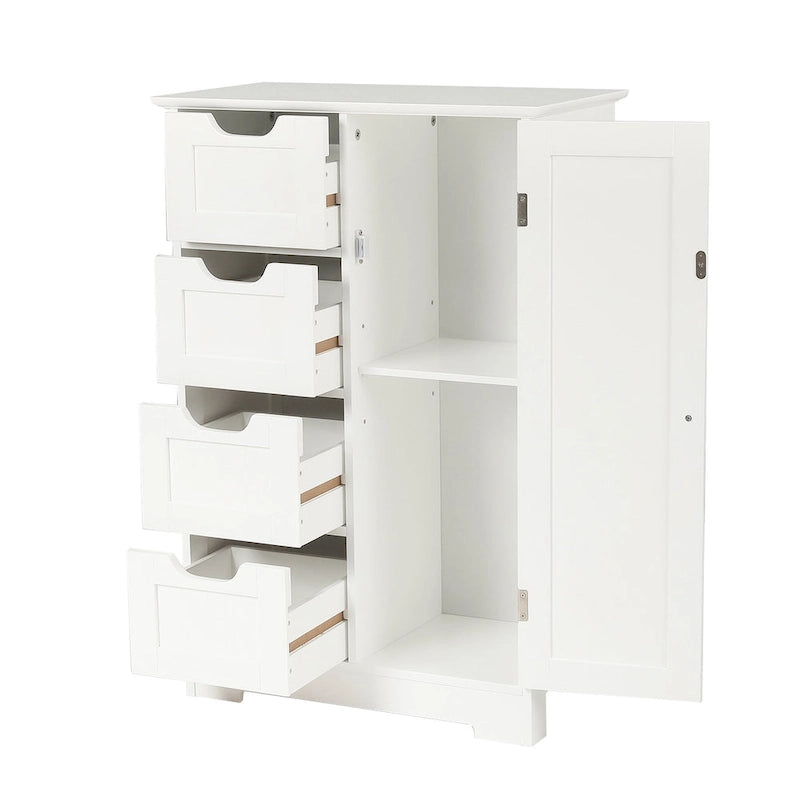 Meuble de salle de bain blanc avec 4 tiroirs et une porte