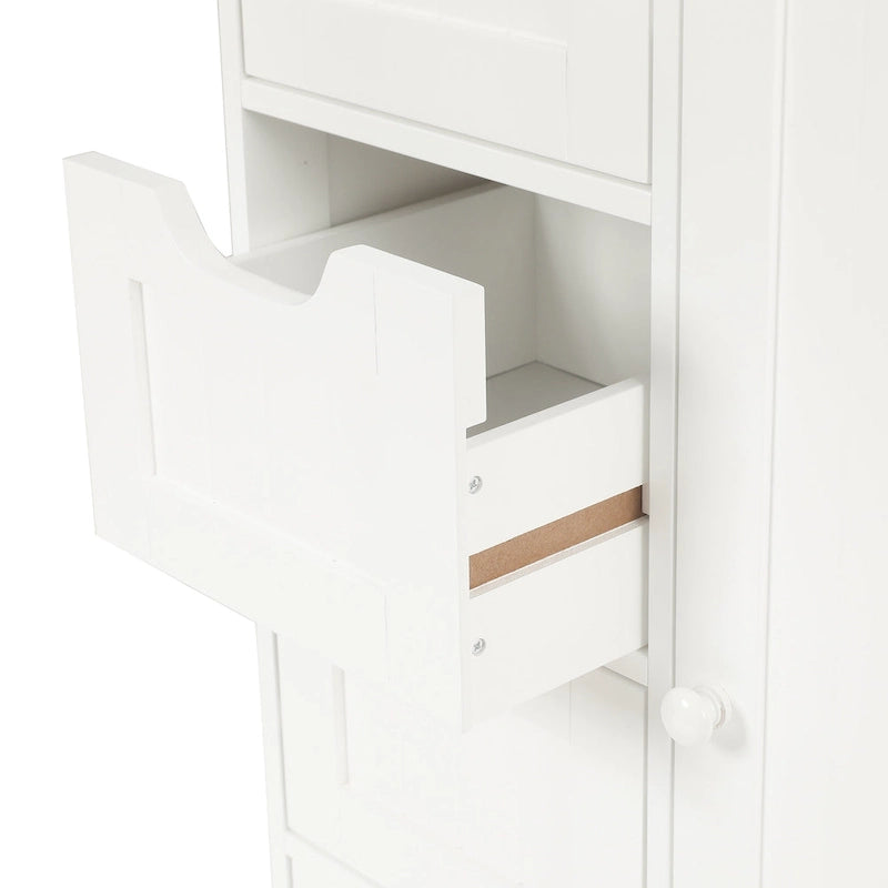 Meuble de salle de bain blanc avec 4 tiroirs et une porte