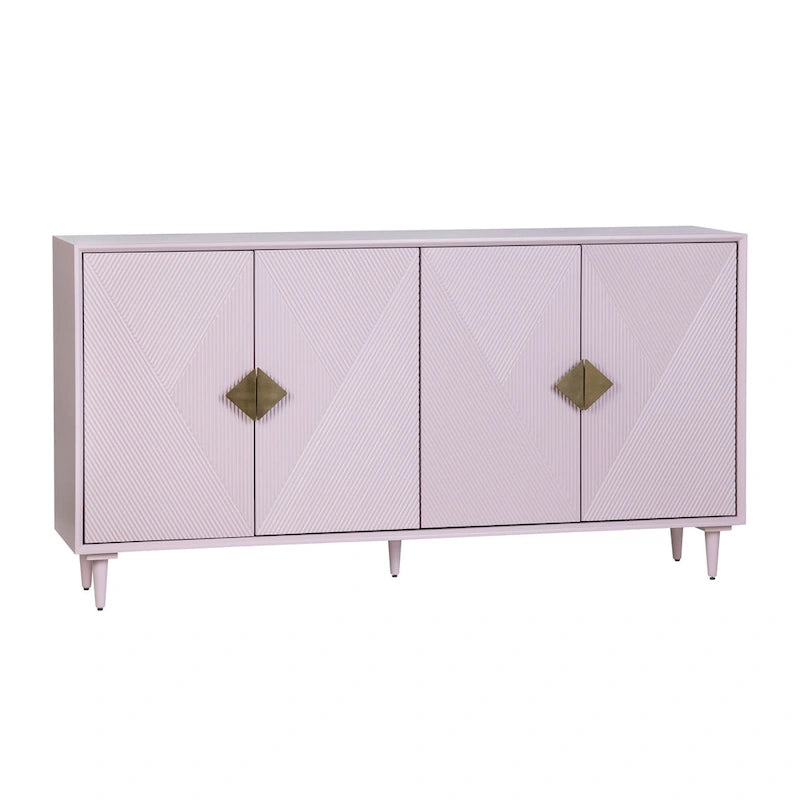 Bahut en bois quatre portes lilas avec motif géométrique et quincaillerie dorée