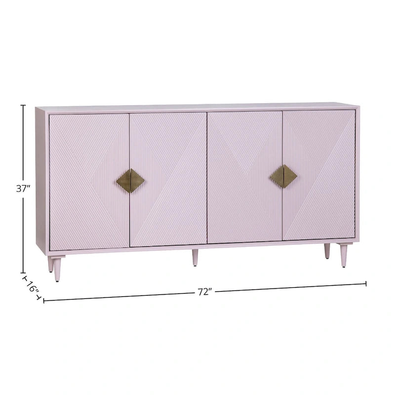Bahut en bois quatre portes lilas avec motif géométrique et quincaillerie dorée