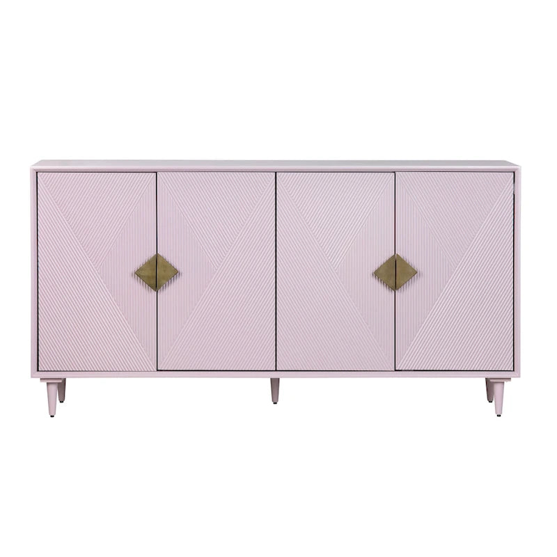 Bahut en bois quatre portes lilas avec motif géométrique et quincaillerie dorée