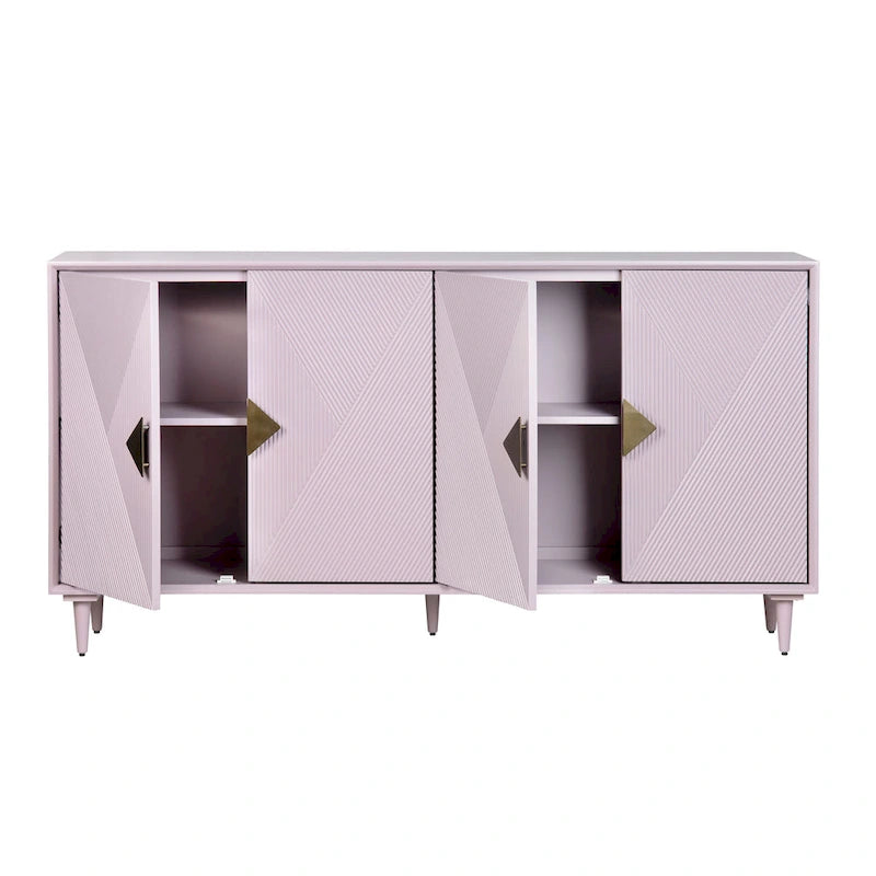 Bahut en bois quatre portes lilas avec motif géométrique et quincaillerie dorée