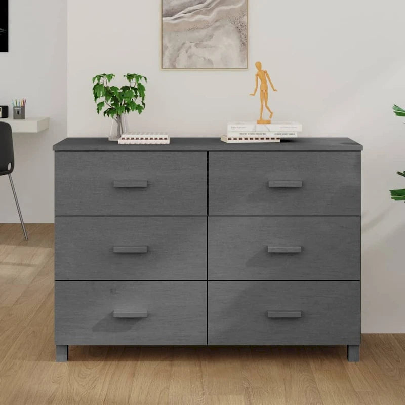 Buffet console en bois massif avec 6 tiroirs gris foncé