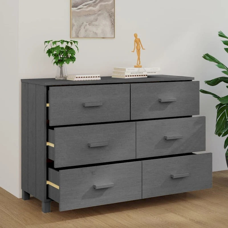 Buffet console en bois massif avec 6 tiroirs gris foncé