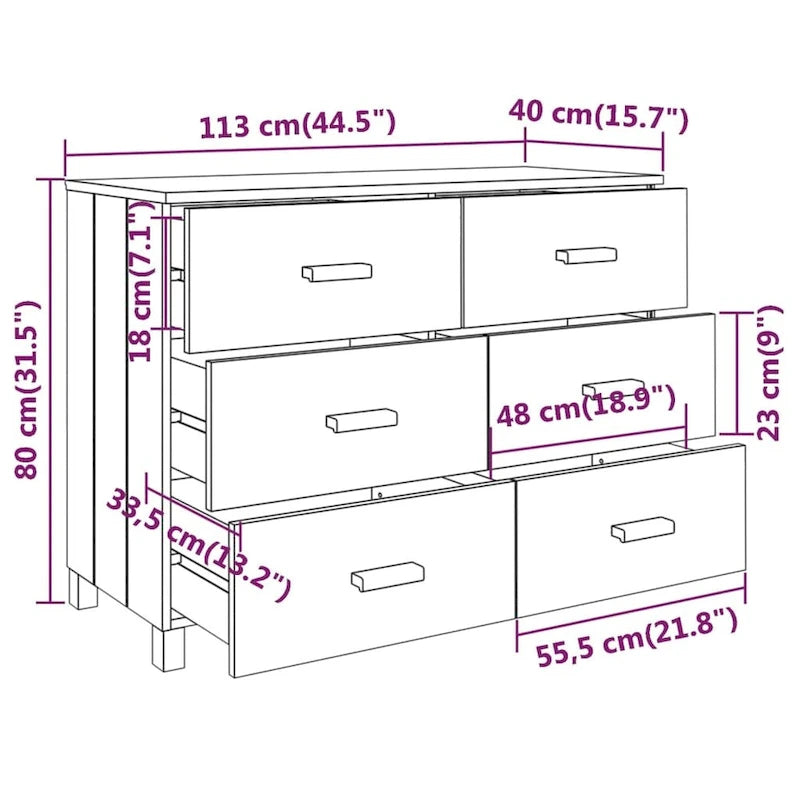 Buffet console en bois massif avec 6 tiroirs gris foncé