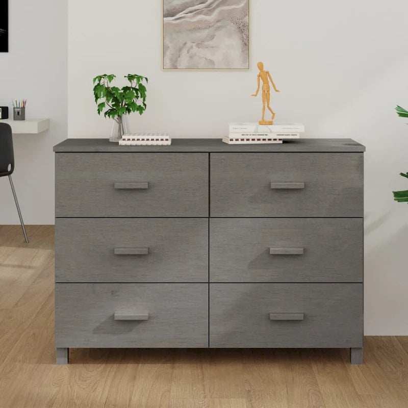 Buffet console en bois massif avec 6 tiroirs gris foncé