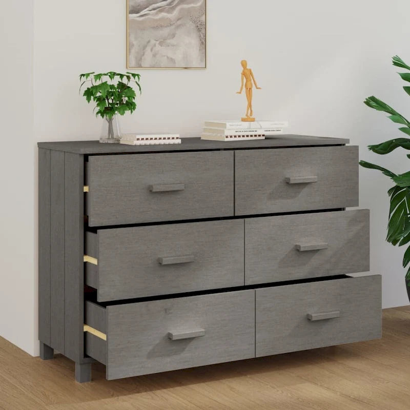 Buffet console en bois massif avec 6 tiroirs gris foncé