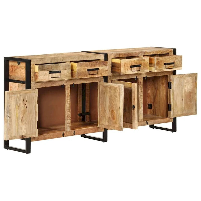 Buffet industriel en bois de manguier massif brun avec tiroirs et portes de placard