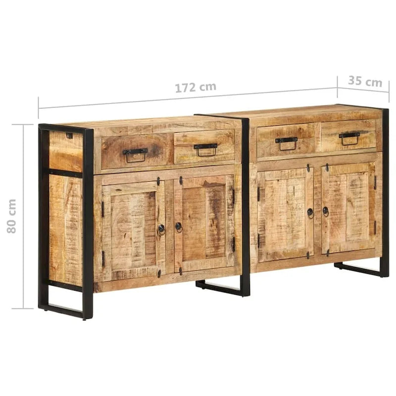 Buffet industriel en bois de manguier massif brun avec tiroirs et portes de placard
