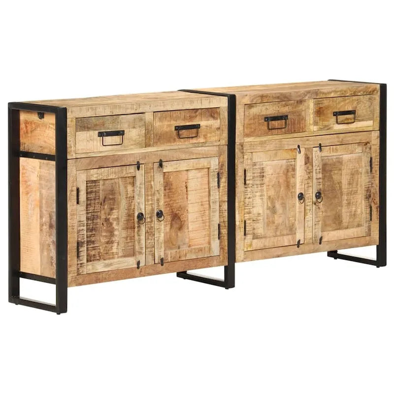 Buffet industriel en bois de manguier massif brun avec tiroirs et portes de placard